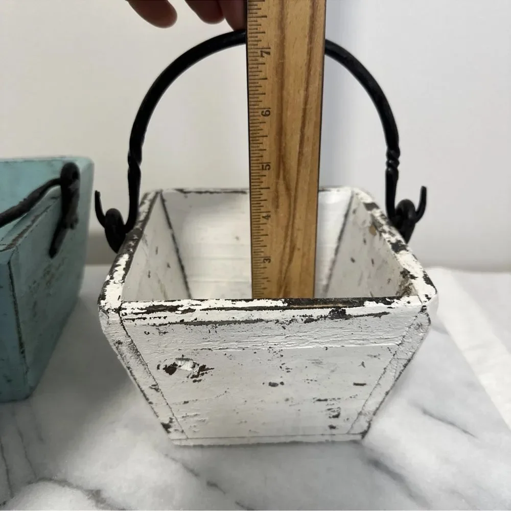 Antique wood buckets pails Rustic Metal Set of 2 - Blue and White